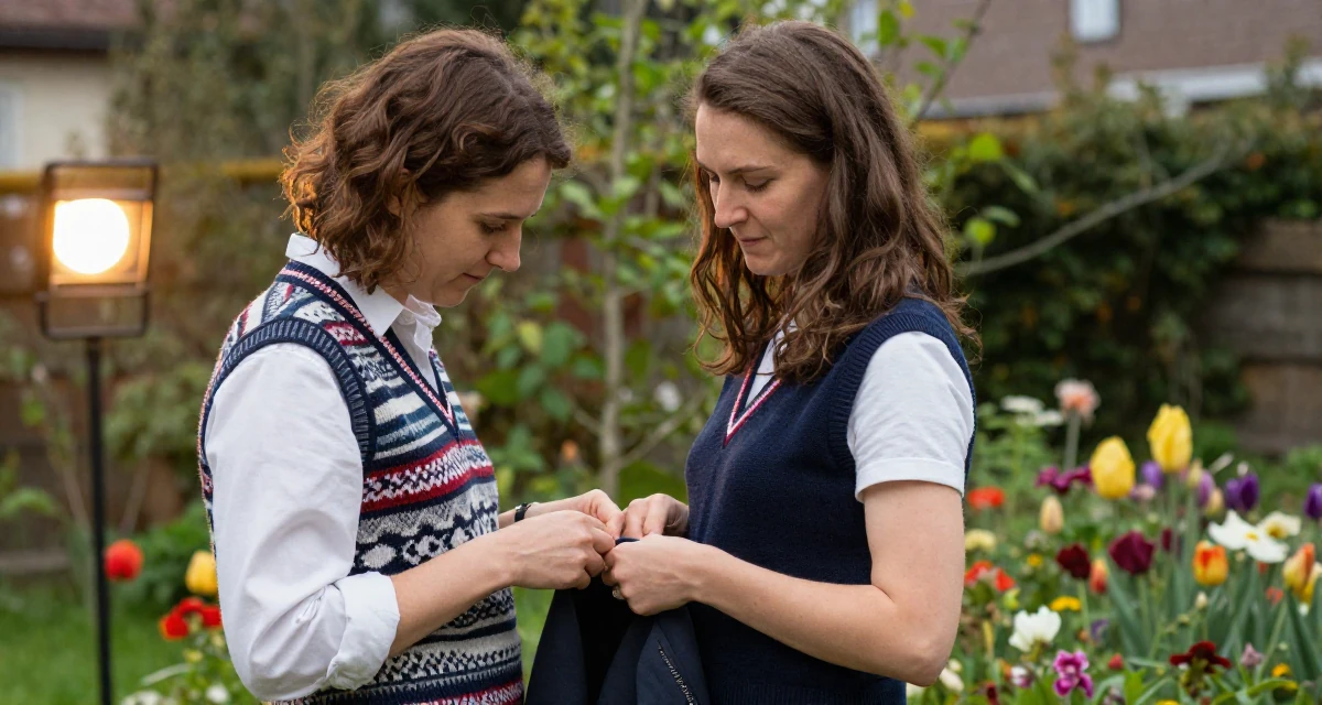 A mischievous Female From Austria, majored in music theory in their 25, learning to deal with unsolicited feedback online, wearing a preppy sweater vest combo, buttoning a jacket in a blooming flower garden.