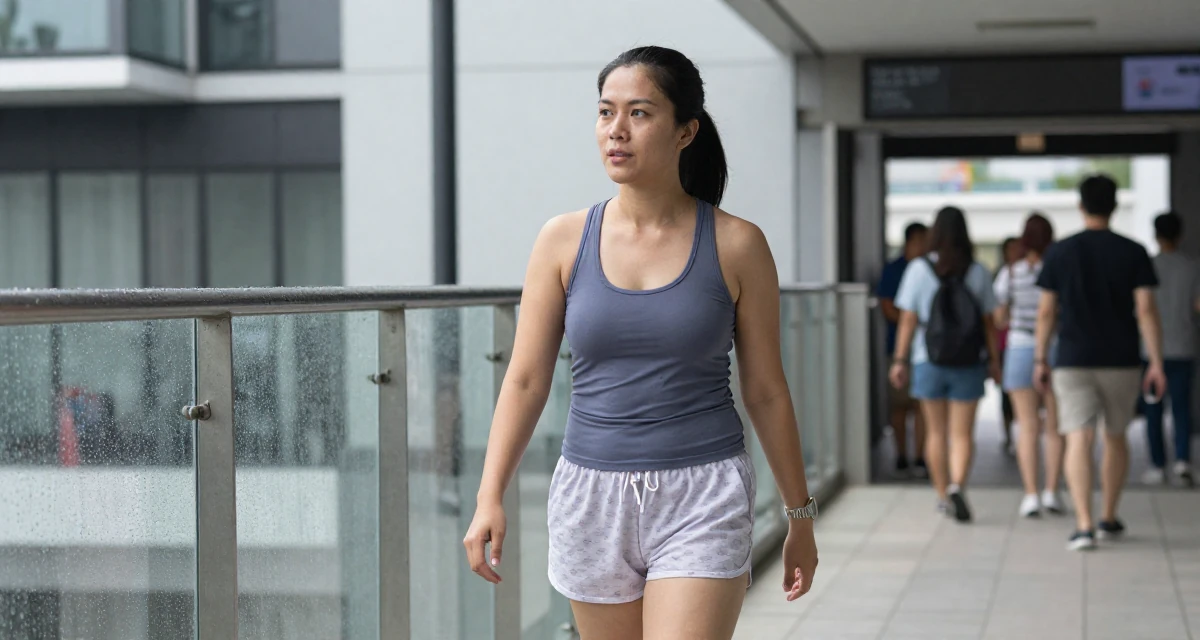 A absent-minded Female Grew up in Malaysia, studied social media management in their 47, expert in navigating difficult conversations, wearing a fitted racerback tank and pajama shorts, tapping a foot rhythmically in a modern apartment.