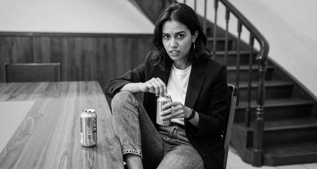 A ambitious Female Born in Indonesia, studied brand communication in their 20, full of naive optimism and energy, wearing a business casual outfit with jeans and a blazer, opening a soda can in a winding staircase.