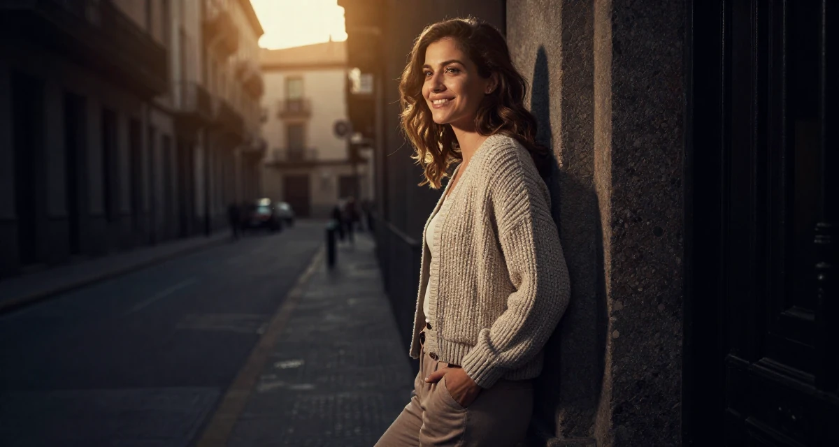 A radiant Female From Spain, majored in cultural management in their 25, looking back at 21 with a wise smile, wearing a cozy knit cardigan and slacks, looking for something in a pocket in a urban street.