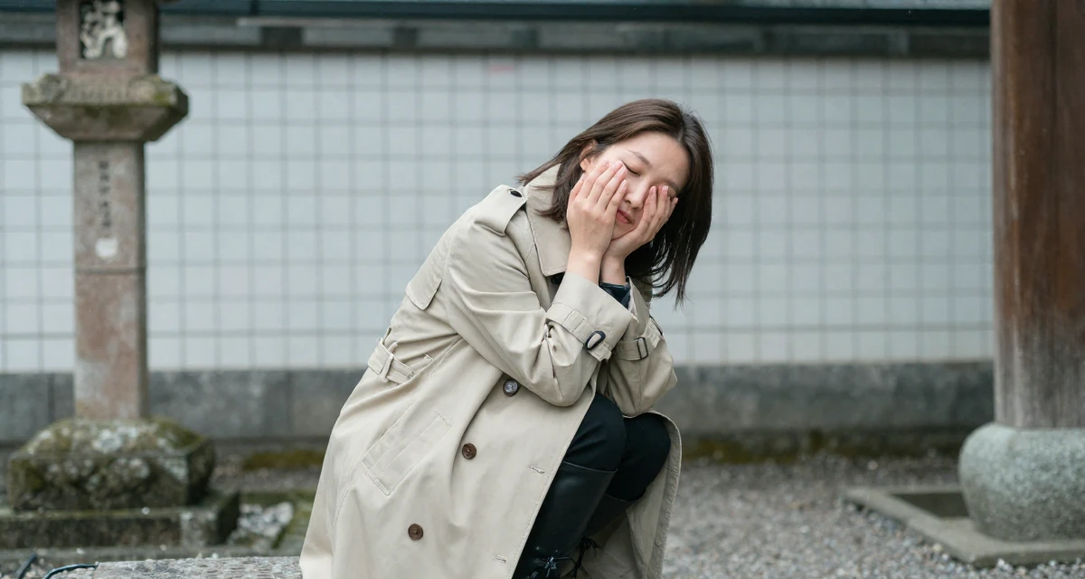 A dreamy Female From Tampere Finland, learned intimate storytelling through slow-mode videography in their 42, finding peace in a slower intentional lifestyle, wearing a timeless trench and boots, rubbing eyes in a Japanese Shinto shrine.