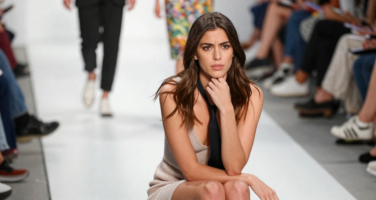 A observant Female Born in Greece, majored in content creation & storytelling in their 20, stressing over finals and future uncertainty, wearing a soft knit dress with a plunging neckline, playing with a tie in a fashion runway.