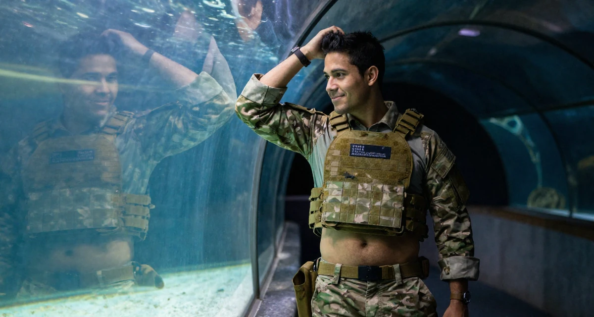 A softly smiling male Born in Colombia, trained in audiovisual communication in their 24, exploring side hustles to supplement income, wearing a tactical military gear with a cropped vest and cargo pants, checking a reflection in a window in a aquarium tunnel.