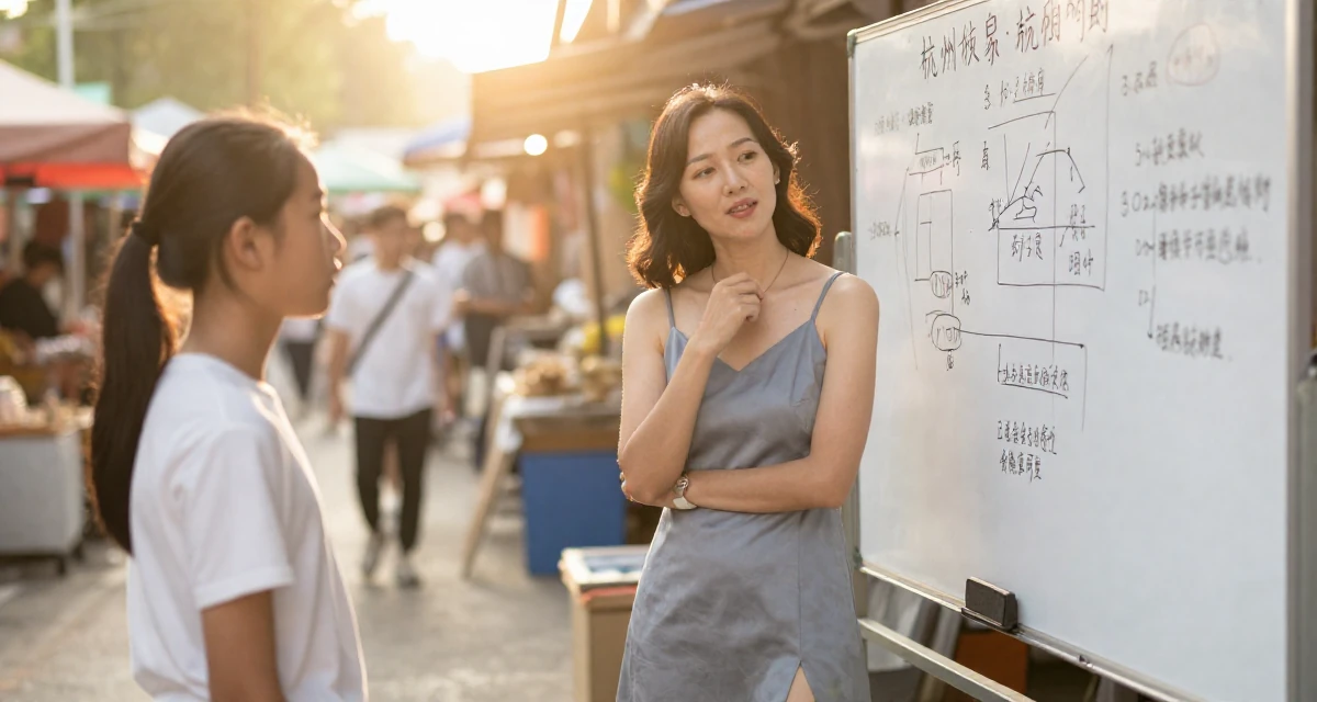 A dazed Female From Hangzhou China, majored in visual arts in their 41, confident mother of teenagers sharing advice, wearing a short slip dress with a thigh-high slit, touching a necklace in a bustling market.