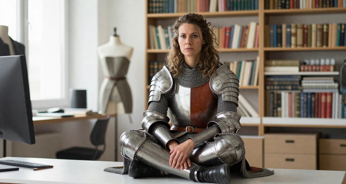 A stoic and strong Female From Prague Czech Republic, majored in multimedia journalism in their 49, celebrating a life of resilience and grit, wearing a female knight armor with a tabard and chainmail, crossing legs in a fashion design studio.