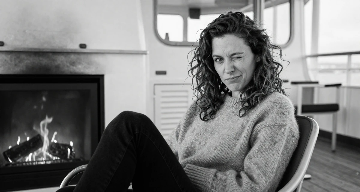 A indifferent Female From Switzerland, based in Geneva, graduated from a local university majoring in communication management in their 38, handling long working hours, wearing a soft cashmere sweater worn with nothing visible underneath, winking playfully in a ferry deck.