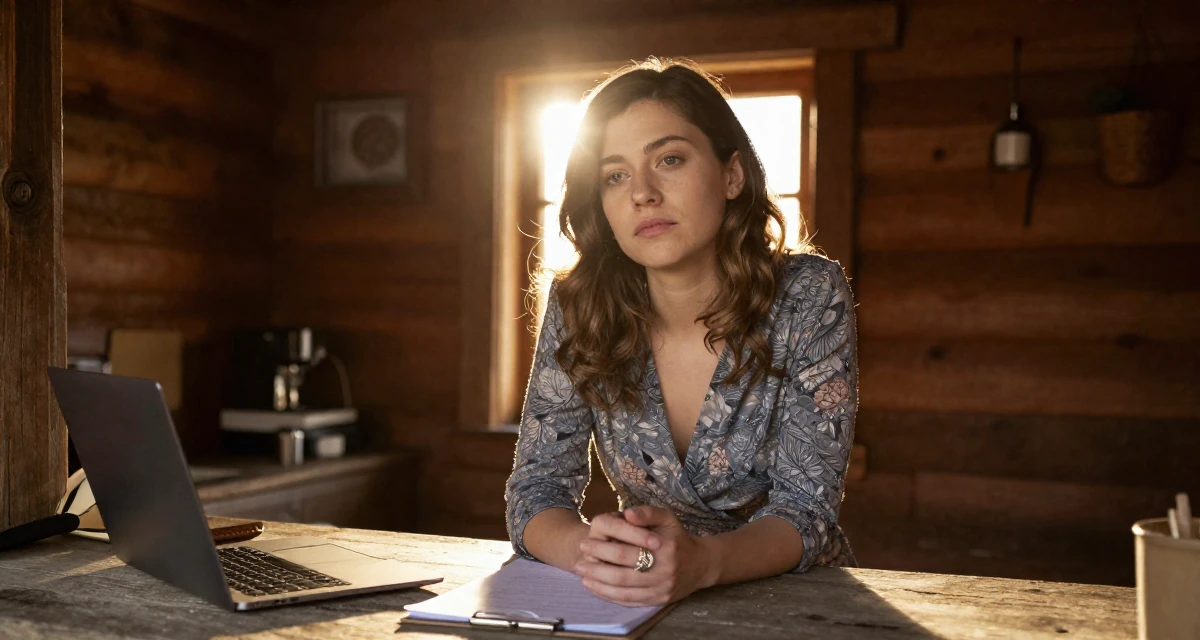 A cold and distant Female From Switzerland, studied finance and banking in their 22, adapting to the shift from school to full-time work, wearing a wrap blouse with a deep neckline, playing with a ring on a finger in a rustic wooden cabin interior.