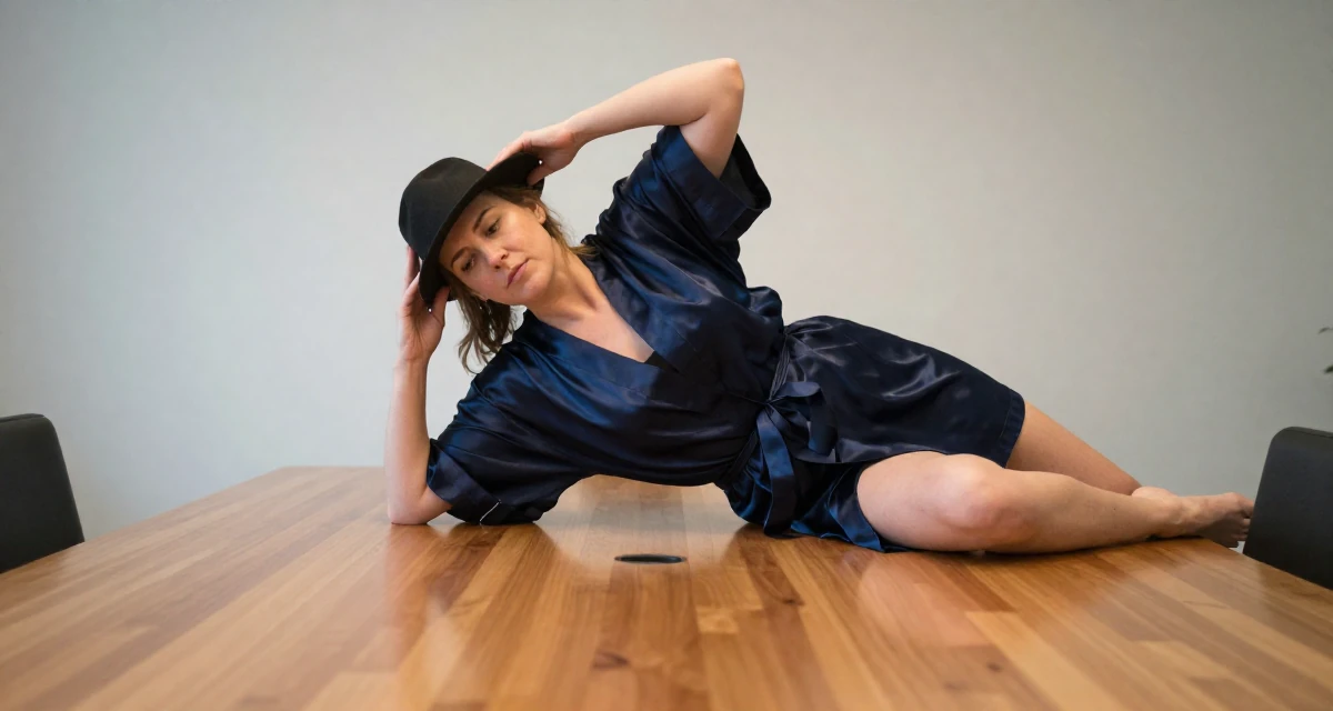 A dazed Female From Finland, studied graphic design and branding in their 24, taking care of their physical health consistently, wearing a short silk robe tied loosely, adjusting a hat in a yoga studio.
