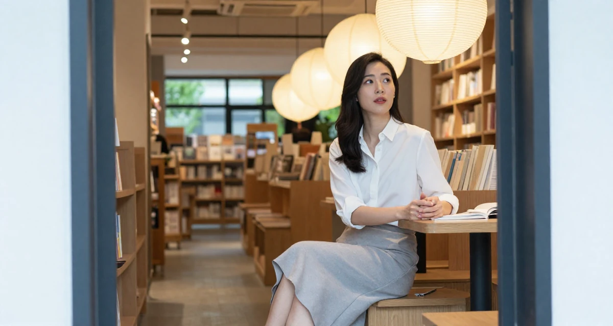 A eager Female Former library assistant, now creating cozy reading-corner aesthetics in their 25, thinking about quitting but too deep to walk away, wearing a asymmetrical hem skirt and a crisp white shirt, resting hands on a table in a bookstore aisle.