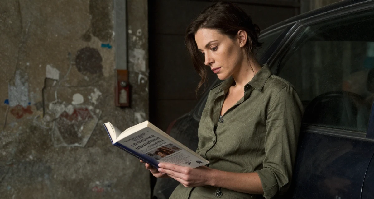 A seductive Female From France, majored in cinema studies in their 38, handling long working hours, wearing a muted olive green tones, opening a book in a dungeon cell.