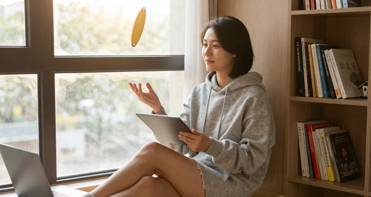 A gentle Female From Guangzhou China, studied international business in their 26, juggling real-life chaos with online expectations, wearing a oversized hoodie worn as a dress, holding a tablet in a cozy reading nook by a window.