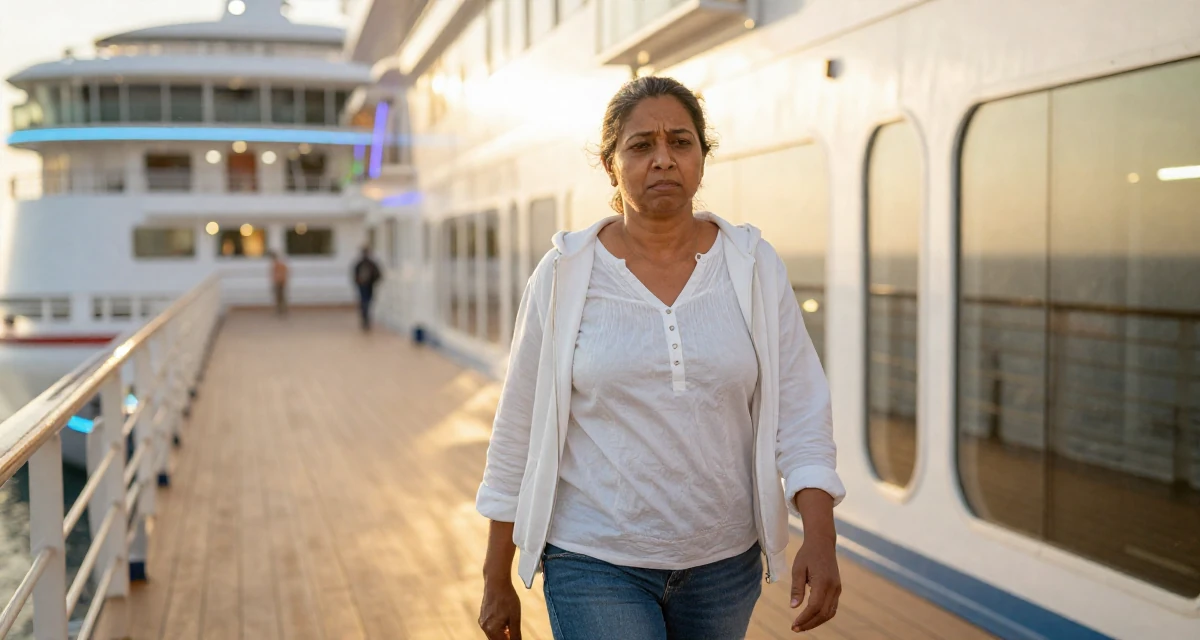 A confused Female From Sri Lanka, studied supply chain management in their 40, defying stereotypes of aging women, wearing a effortless white blouse and jeans, zipping up a hoodie in a cruise ship deck.
