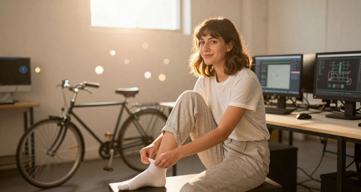 A friendly Female Once a pastry chef, now blending cooking with playful creator energy in their 22, trying to grow without losing privacy or sanity, wearing a clean, neutral-toned casual outfit, pulling up a sock in a cybernetic computer lab.