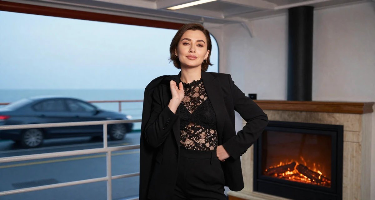 A lighthearted Female From Kazakhstan, studied financial mathematics in their 30, recovering workaholic learning to relax, wearing a black lace top under a business suit, holding a jacket over a shoulder in a ferry deck.