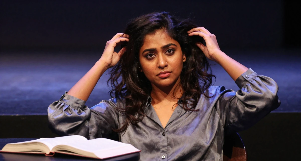 A soulful Female From Sri Lanka, based in Kandy, graduated from a regional institute majoring in advertising in their 37, trying to stabilize income streams, wearing a silk blouse with oversized cuffs, messing up hair playfully in a theater stage.