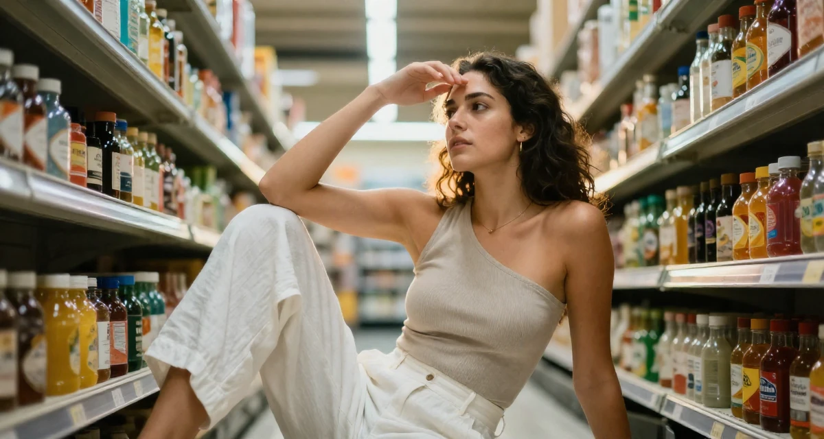 A determined Female From United States, majored in hospitality design in their 22, developing a bold persona that feels authentically “me”, wearing a one-shoulder fitted top and white linen trousers, shading eyes from the sun in a supermarket aisle.