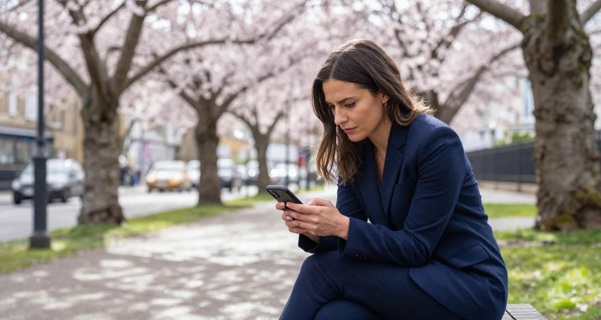 A determined Female From UK, studied anthropology in their 22, choosing bolder themes with more creative direction, wearing a classic navy blue ensemble, checking a notification on a phone in a cherry blossom park.