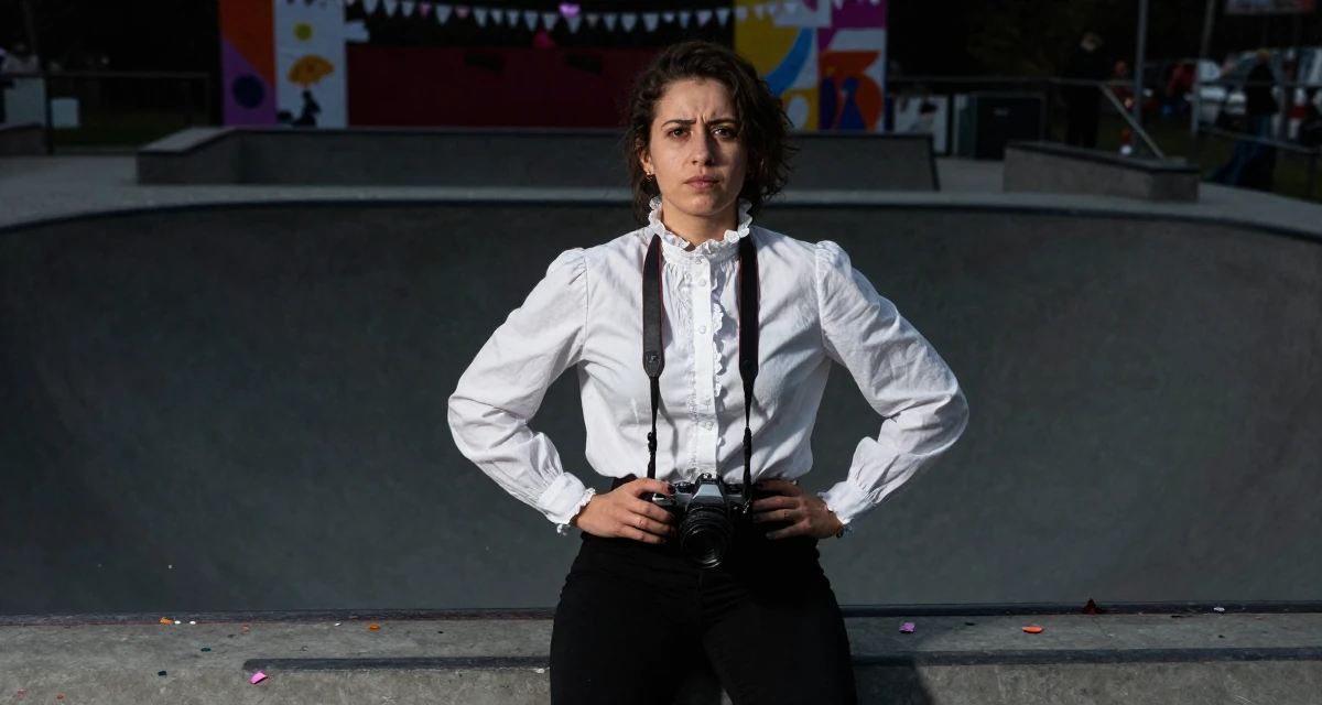 A ambitious Female From Bucharest Romania, trained in expressive posing in their 23, balancing bold expression with emotional boundaries, wearing a high-neck victorian style blouse and black slacks, holding a camera in a skate park.