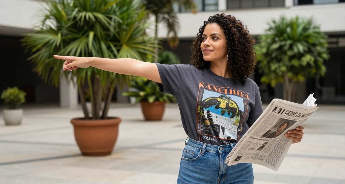 A calm and confident Female From Brazil, studied architecture and urban planning in their 25, looking back at 21 with a wise smile, wearing a laid-back graphic tee and jeans, holding a newspaper in a pedestrian plaza.