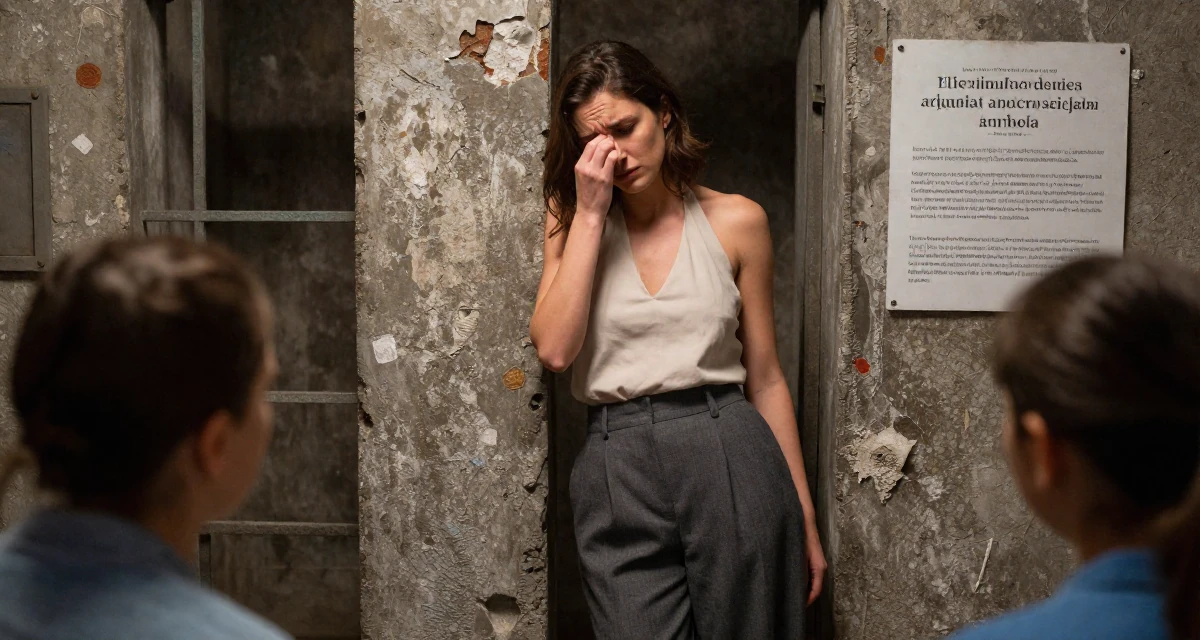 A tense Female From Ankara Türkiye, holds a degree in international trade in their 25, hiding early creator work from family and classmates, wearing a halter neck top and wide-leg office trousers, rubbing eyes in a dungeon cell.