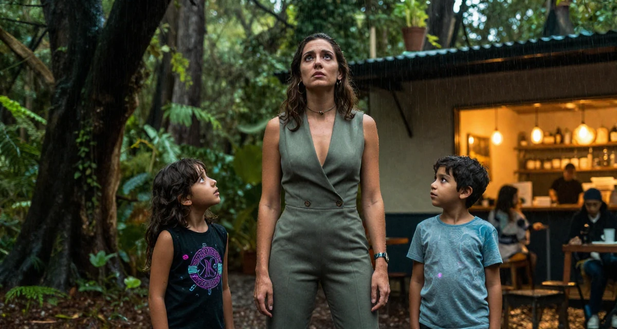 A worried Female Raised in Mexico, majored in e-commerce management in their 33, balancing two kids and a growing business, wearing a tailored jumpsuit with a deep v-neck, gazing at the sky in a magical forest clearing.