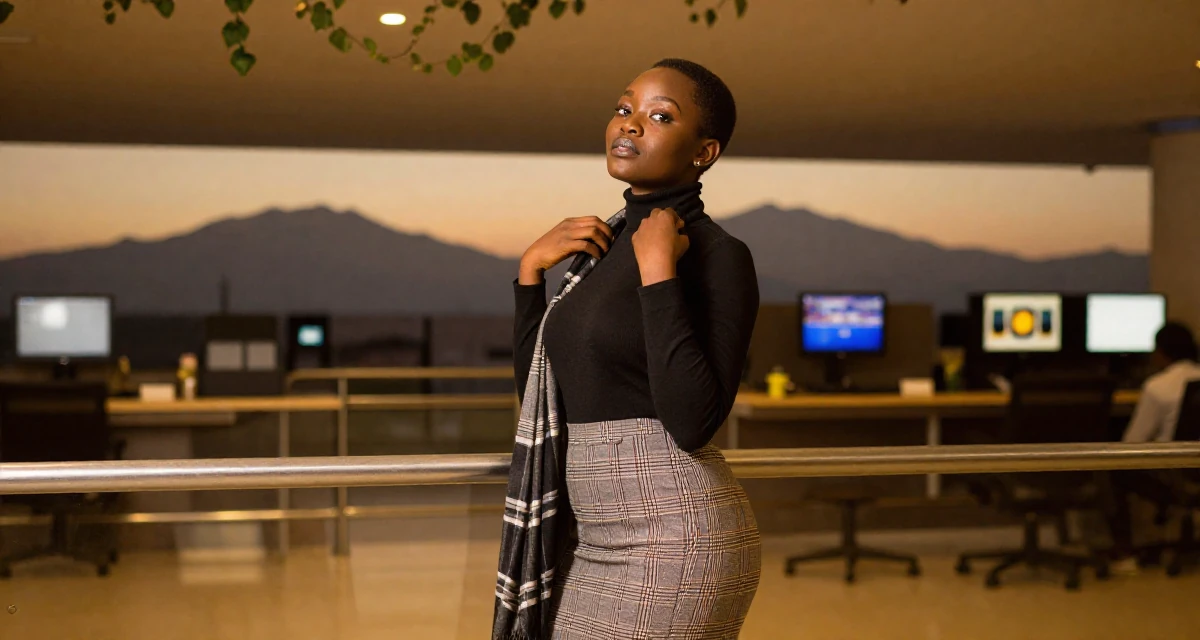 A alluring Female From Ivory Coast, studied music production in their 30, transitioning from corporate grind to creative freedom, wearing a classic black turtleneck tucked into a plaid midi skirt, adjusting a scarf in a airport terminal.