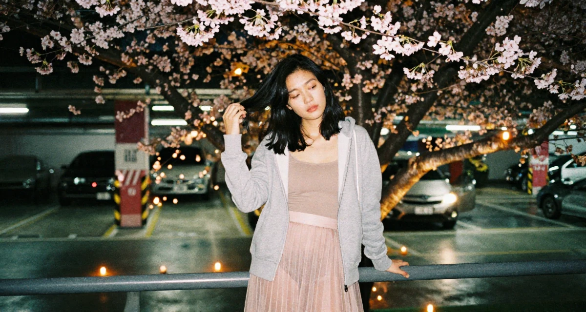 A reassured Female From Johor Malaysia, studied early childhood education in their 20, wearing a hoodie and looking sleep-deprived, wearing a sheer maxi skirt with a bodysuit underneath, holding a railing in a underground parking garage.