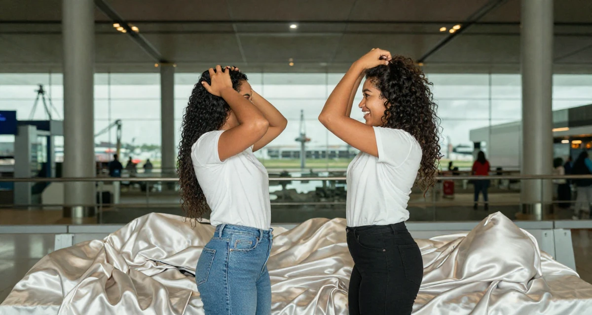 A pleased Female From Trinidad & Tobago, studied performing arts in their 25, fighting comparison with creators who grew faster, wearing a modern casual lifestyle wear, messing up hair playfully in a airport terminal.