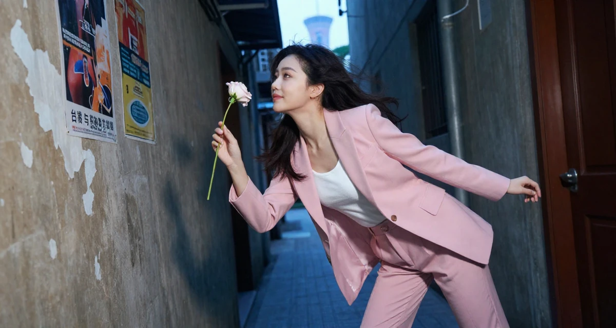 A warmhearted Female From Taiwan, based in Taichung, graduated from an arts academy majoring in visual storytelling in their 23, making decisions that will shape future lifestyle, wearing a tailored pantsuit in pastel pink with a white top, holding a single flower in a narrow hallway.
