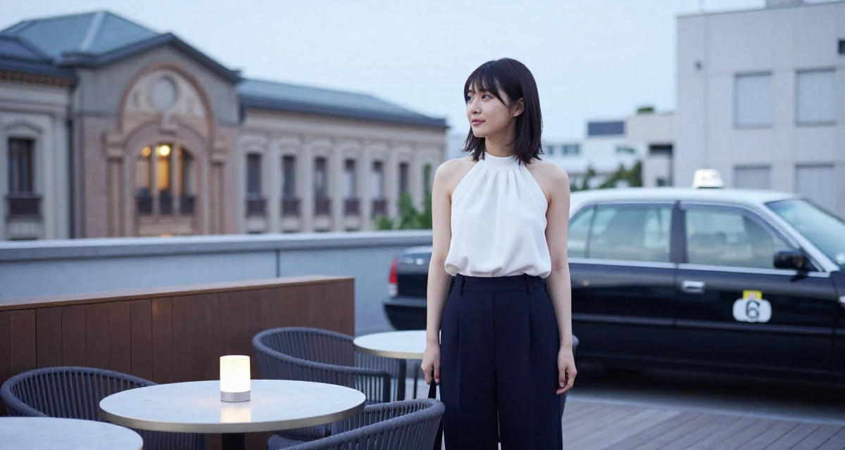 A innocent Female From Tokyo Japan, studied gravure-style posing and aesthetic direction in their 31, sharing the reality of post-partum recovery, wearing a halter neck top and wide-leg office trousers, waiting for a taxi in a rooftop terrace.