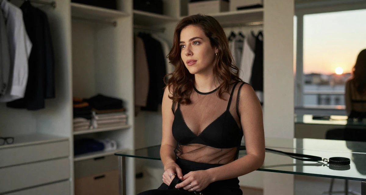 A nostalgic Female Former hotel concierge, now offering luxury-inspired lifestyle content in their 30, first-time entrepreneur building a startup, wearing a sheer mesh top layered over a black bralette, holding a leash in a walk-in closet.