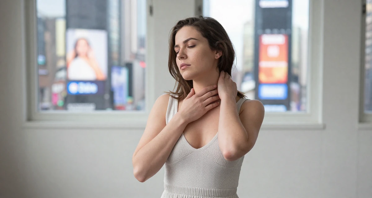 A thoughtfully silent Female From UK, studied criminology in their 23, pretending everything is fine while barely covering bills, wearing a soft knit dress with a plunging neckline, stretching the neck in a waiting room.