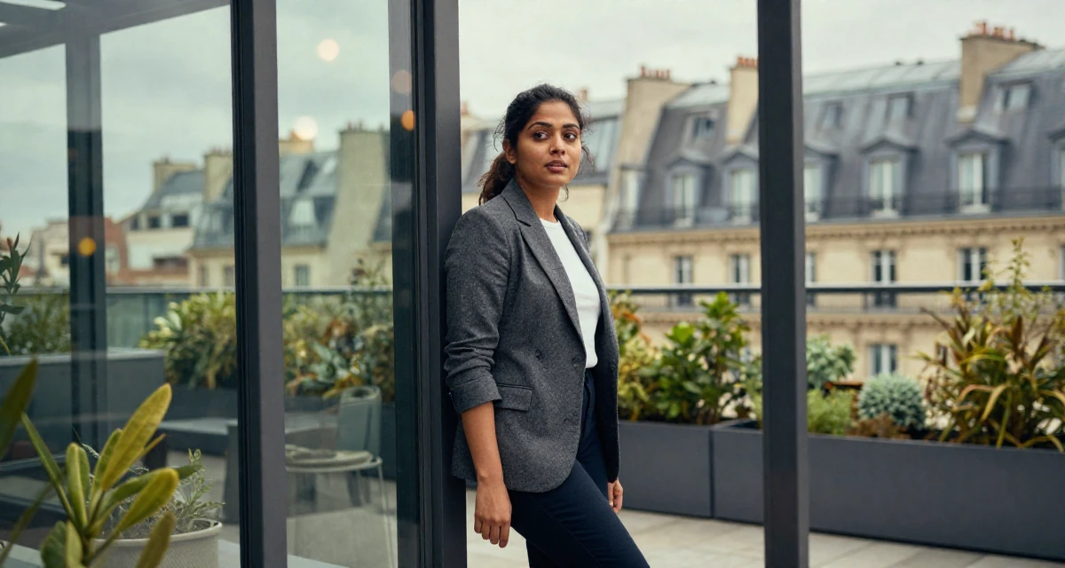 A spirited Female From India, studied biotechnology in their 37, establishing authority in a niche market, wearing a smart casual blazer ensemble, pausing mid-step in a rooftop garden.