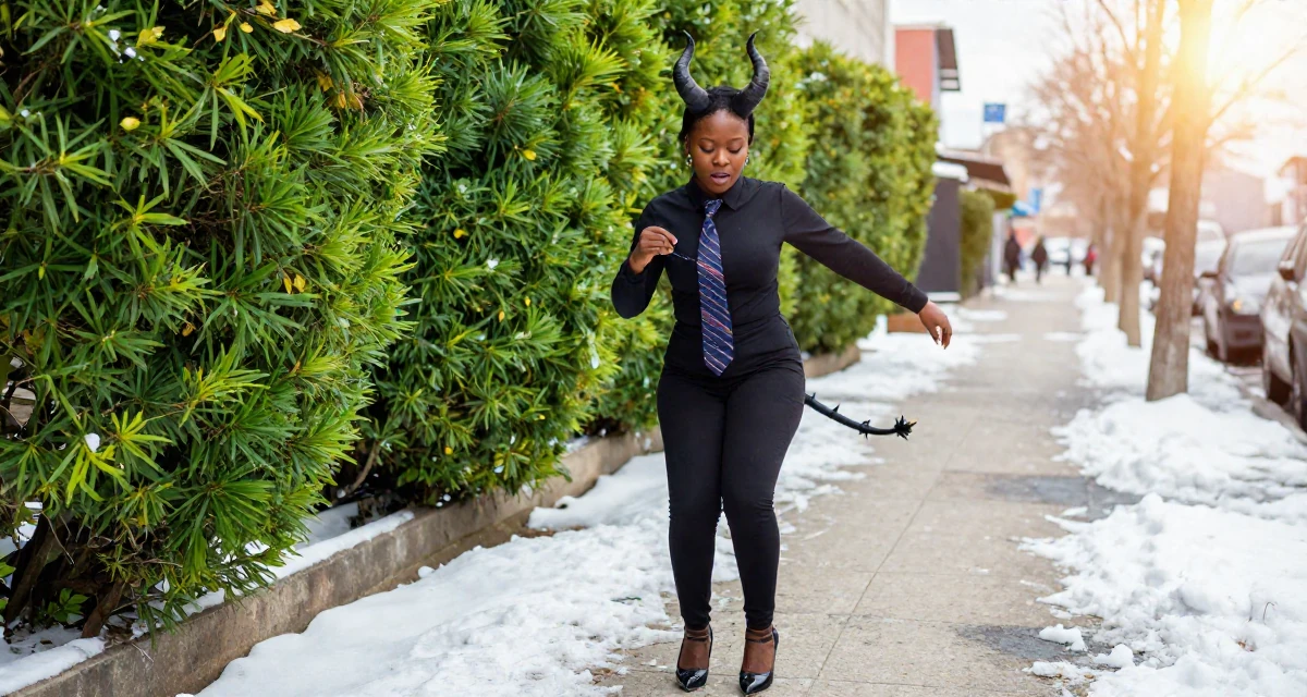 A distracted Female From Nigeria, studied biomedical science in their 40, focusing on legacy and long-term wealth, wearing a demon girl outfit with horns and a spiked tail, playing with a tie in a snowy sidewalk.