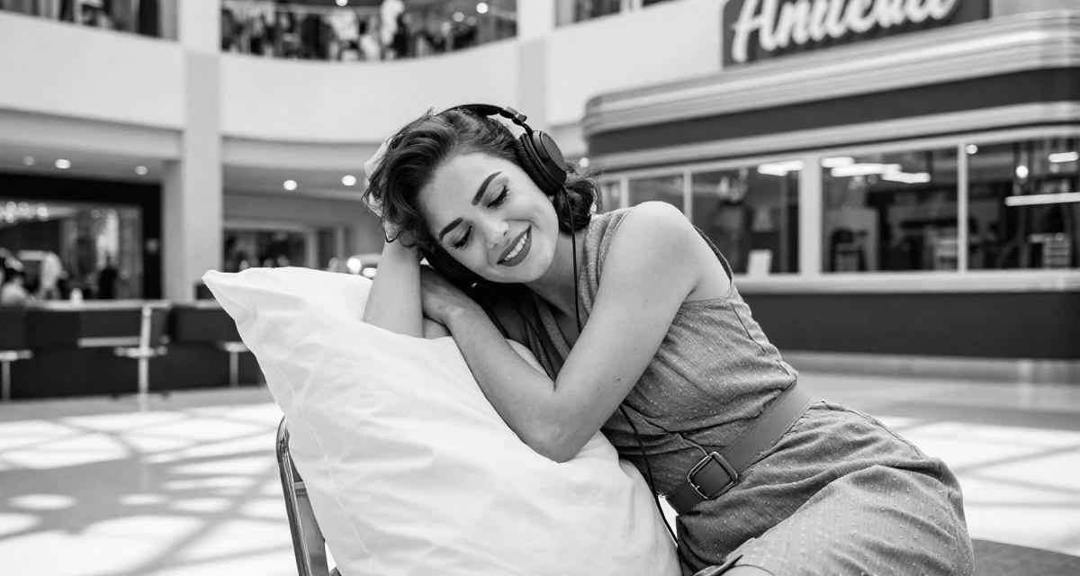 A bright and optimistic Female From Angola, majored in logistics operations in their 24, fighting guilt when taking a single day off, wearing a fitted sleeveless shift dress with a belt, listening to music with headphones in a shopping mall atrium.