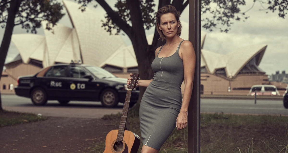 A cynical Female Once a gym receptionist, now building her own fan-driven fitness brand in their 46, fashionista proving style has no age limit, wearing a pencil skirt with a zipper detail, waiting for a taxi in a forest path.