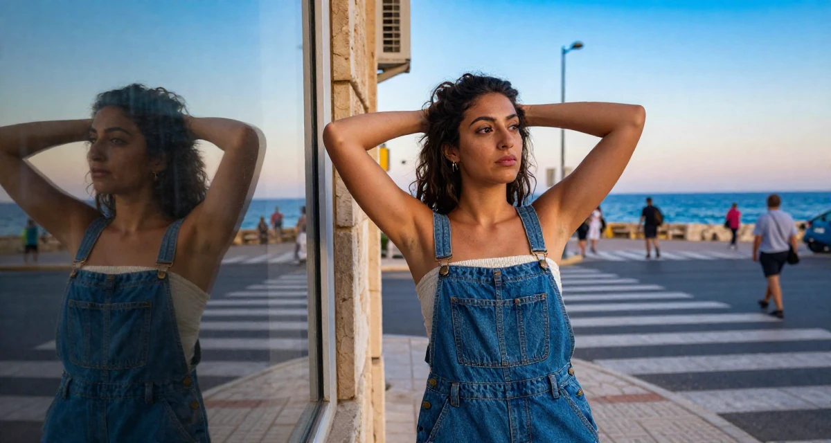 A hypnotic Female From Israel, studied behavioral economics in their 24, understanding long-term consequences of choices, wearing a tube top and oversized denim overalls with one strap down, checking a reflection in a window in a busy crosswalk.