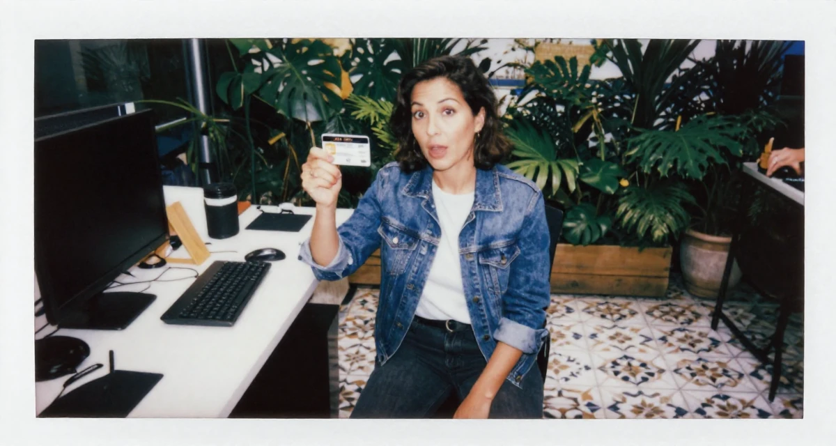 A subtly surprised Female Former accountant in her 40s, now embracing body confidence and digital art in their 47, solo traveler exploring the world in luxury, wearing a classic denim jacket and white tee, holding a subway card in a messy desk.
