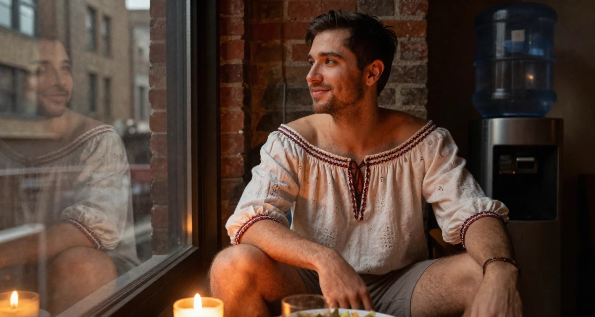 A satisfied male From Chicago USA, holds a degree in communications in their 34, managing mortgage payments, wearing a boho style off-shoulder peasant top and shorts, looking at a reflection in a window in a loft apartment with brick walls.