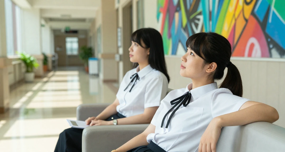 A quietly confident Female From Taiwan, based in Taichung, graduated from an arts academy majoring in visual storytelling in their 43, mentoring young professionals in the field, wearing a white shirt with a black ribbon tie, gazing at the sky in a hospital corridor.