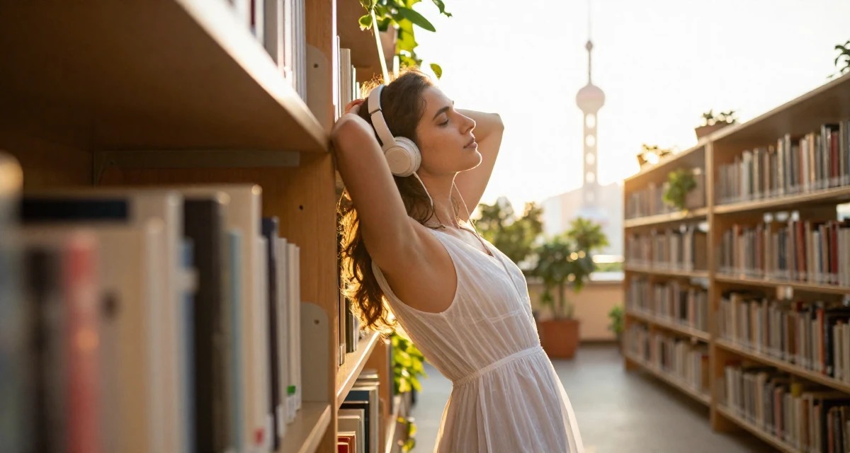 A nostalgic Female From Salzburg Austria, practiced soft-aesthetic lifestyle content in their 25, struggling with academic workload, wearing a semi-sheer white sundress backlit by the sun, listening to music with headphones in a library aisle.