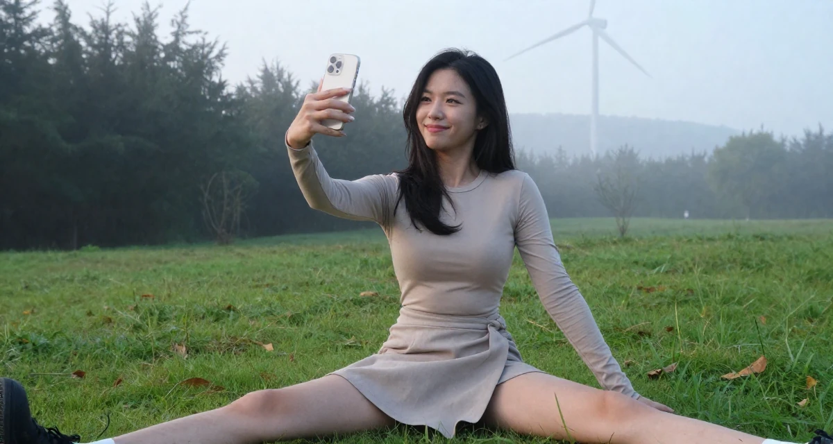 A flirty Female Once a barista, now a full-time creator leaning into aesthetic storytelling in their 25, becoming more selective with fan interactions, wearing a mini wrap skirt and a fitted long-sleeve top, posing for a selfie in a quiet park.