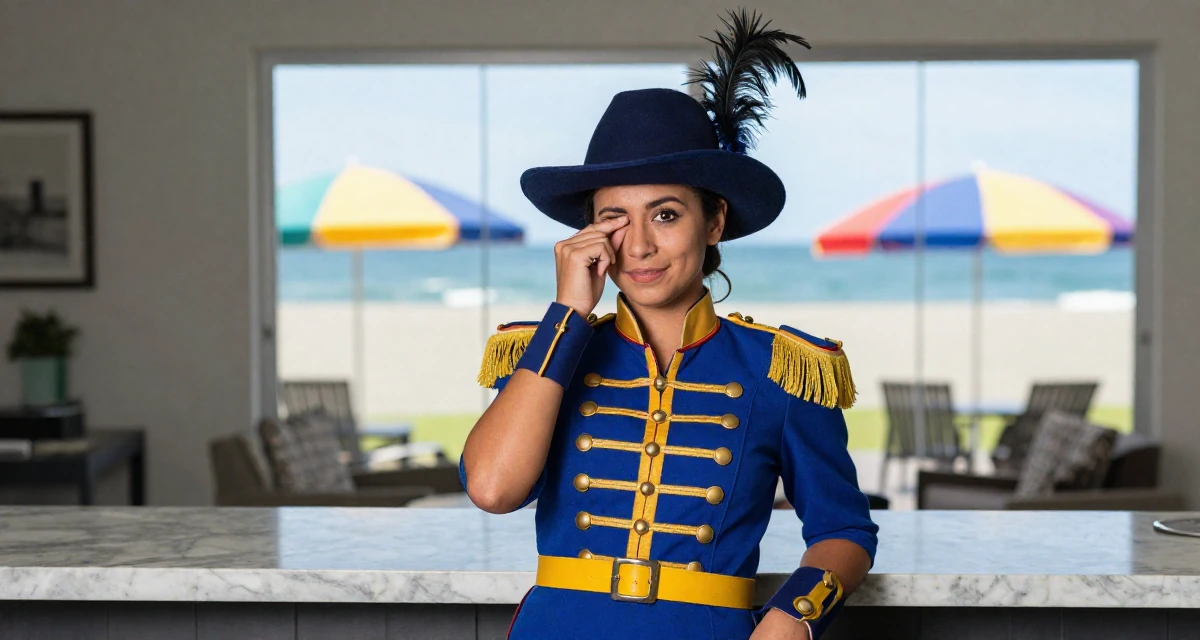 A coy Female From New Zealand, based in Auckland, graduated from an arts college majoring in emotional performance art in their 23, feeling the thrill of posting a bold outfit for the first time, wearing a royal musketeer tunic with a feathered hat, rubbing eyes in a home interior.