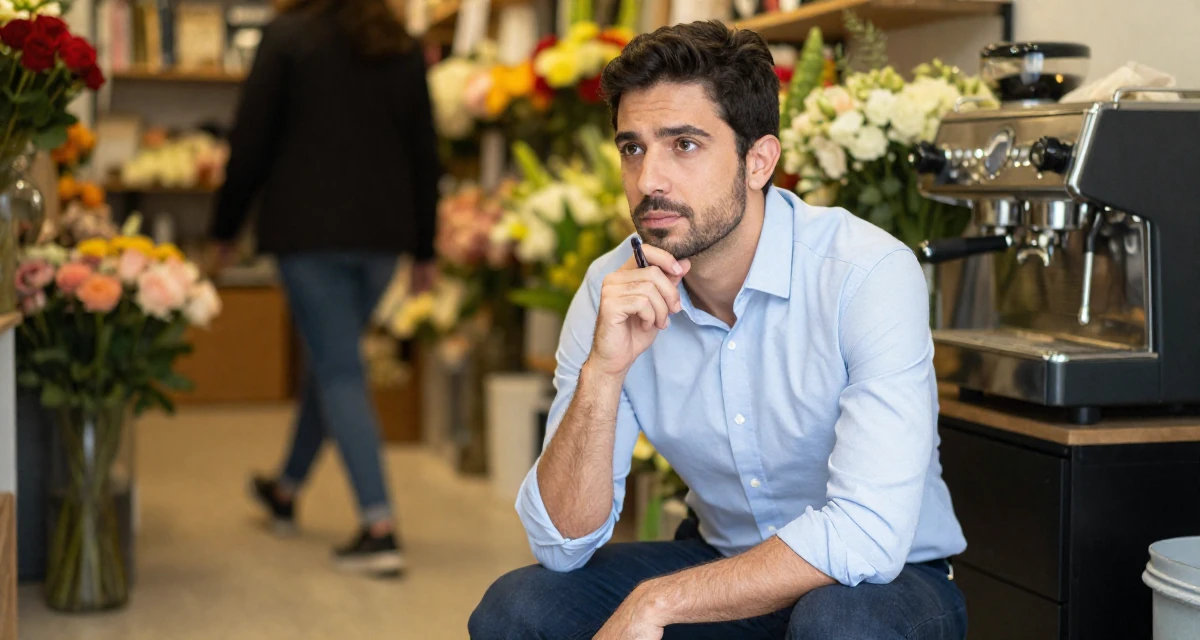A thoughtful male From Paraguay, majored in accounting in their 46, passionate about classic literature and arts, wearing a sharp business casual attire, holding a pen in a flower shop.