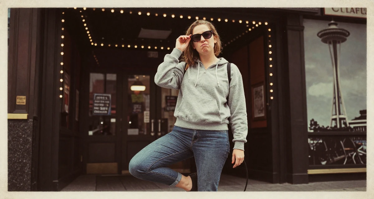 A pouting Female From UK, has a background in english literature and theatre in their 30, rebuilding self-worth beyond content performance, wearing a comfortable urban casual outfit, putting on sunglasses in a cinema entrance.