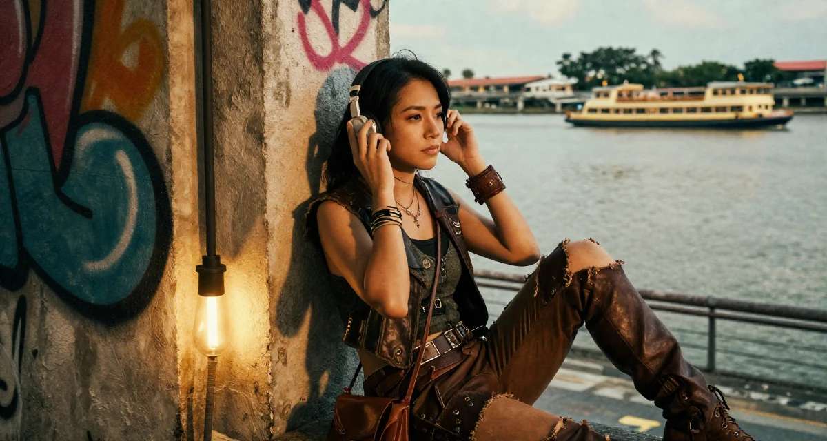 A coy Female From Singapore, based in Tampines, graduated from a polytechnic majoring in business analytics in their 29, preparing for the transition into the 30s, wearing a post-apocalyptic scavenger outfit with distressed leather, adjusting headphones in a graffiti art wall.