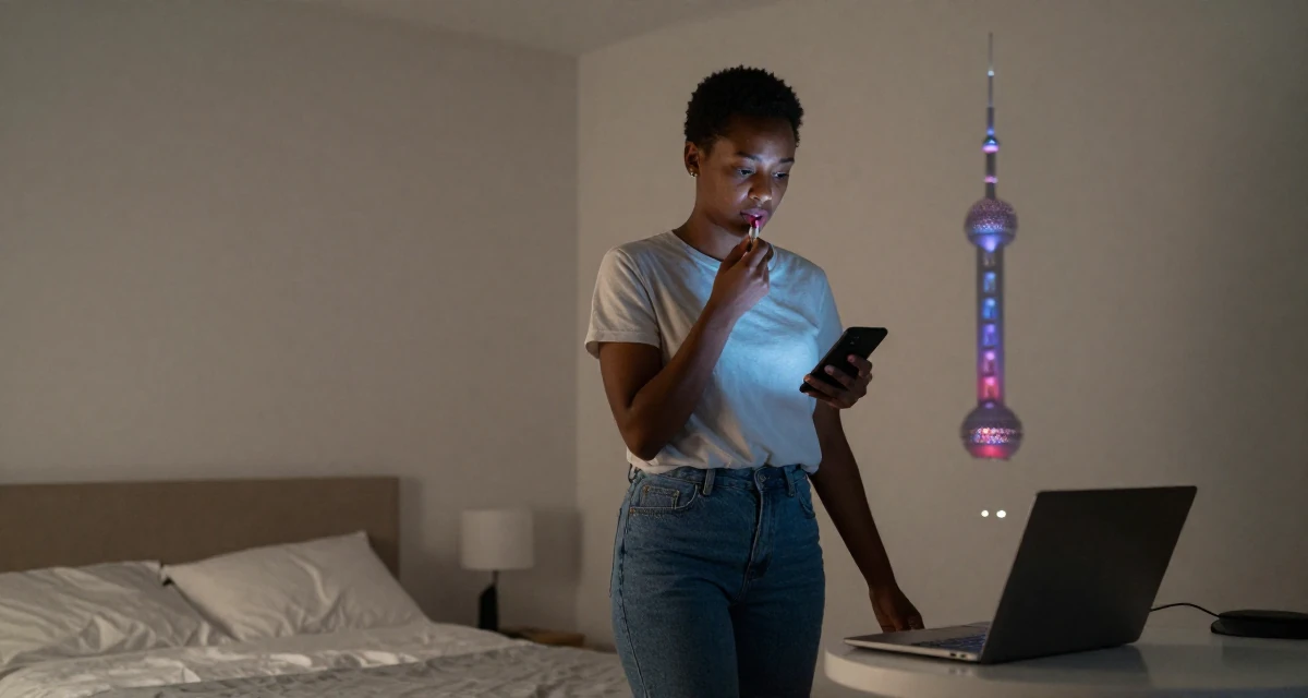 A exhausted Female From Mozambique, studied environmental science in their 29, seeking mentorship and higher guidance, wearing a modern casual lifestyle wear, applying lipstick in a minimalist bedroom.