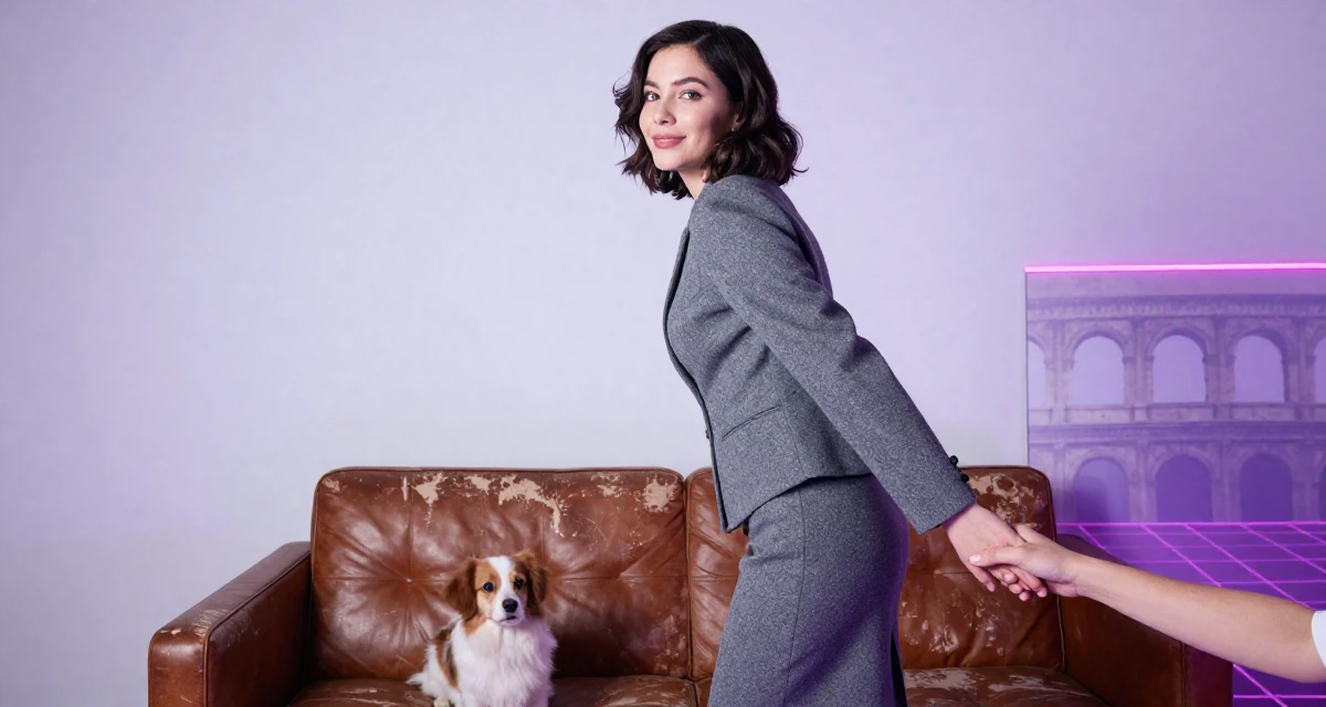 A amused Female Once a junior bar worker, now a nightlife-themed creator in their 34, taking care of pets and household, wearing a grey wool skirt suit with a fitted jacket, holding hands with someone unseen in a minimalist bedroom.