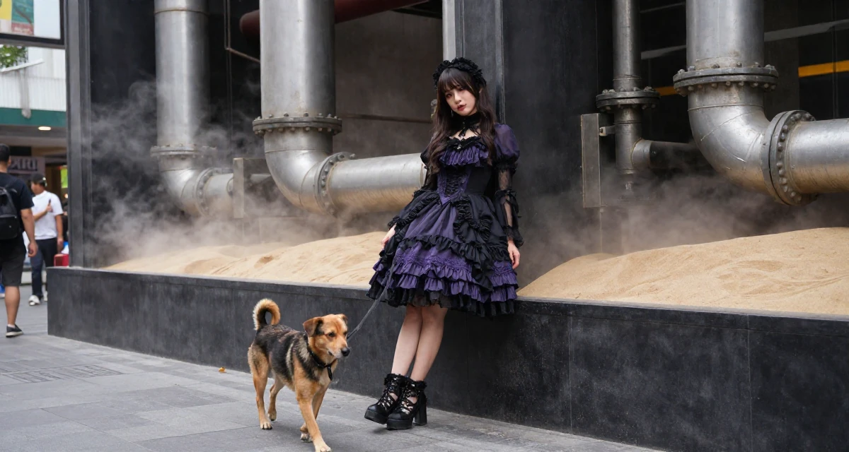 A sultry Female From Indonesia, majored in visual communication in their 42, interior designer with a classic aesthetic, wearing a elaborate gothic lolita dress with frills and lace, walking a dog (leash visible) in a bustling city street.