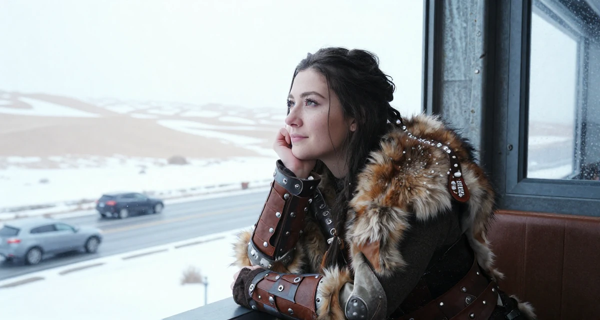 A relieved Female Once a med-school dropout, now exploring emotional vulnerability through art in their 22, learning how to avoid scams and risky promo offers, wearing a viking shield-maiden outfit with fur and leather, watching traffic pass by in a desert sand dunes.